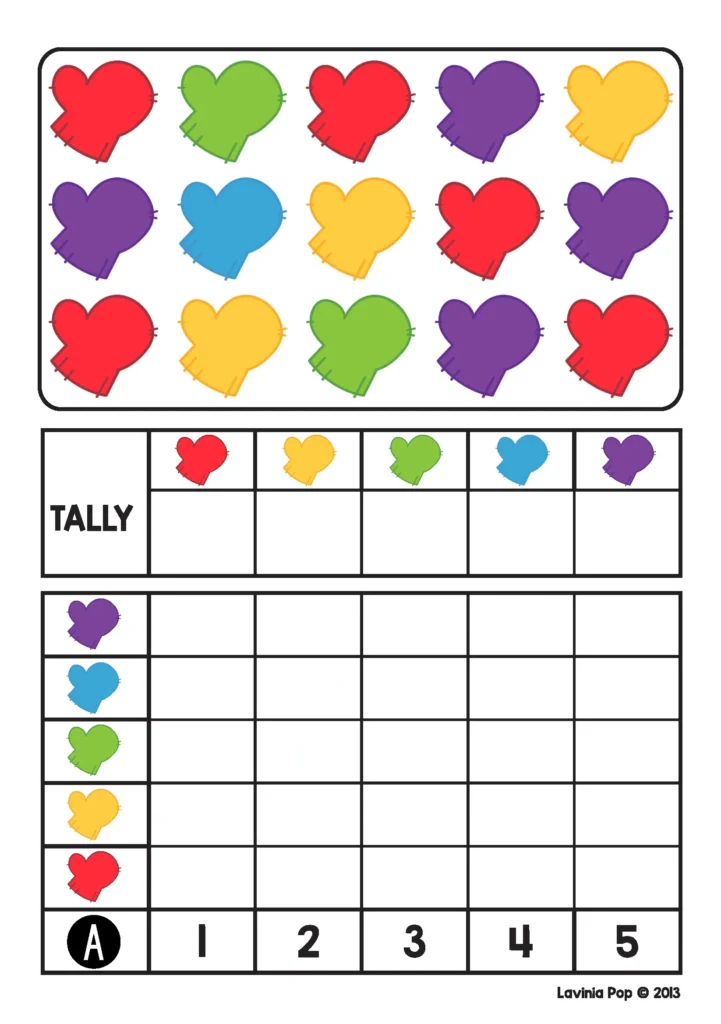 Winter Math Centers for Kindergarten count tally and graph math activity with winter themed objects
