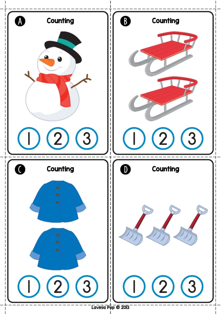 Winter Math Centers for Kindergarten counting clip cards with winter themed pictures and number choices