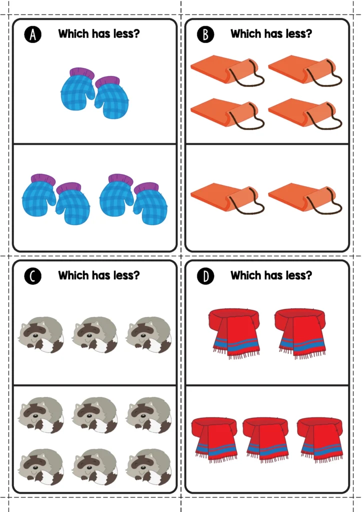 Winter Math Centers for Kindergarten which has less activity using winter object comparison cards