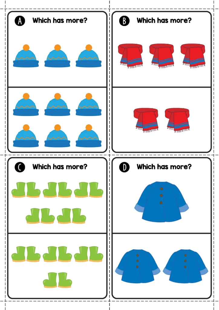 Winter Math Centers for Kindergarten counting comparison cards where students decide which group has more winter objects