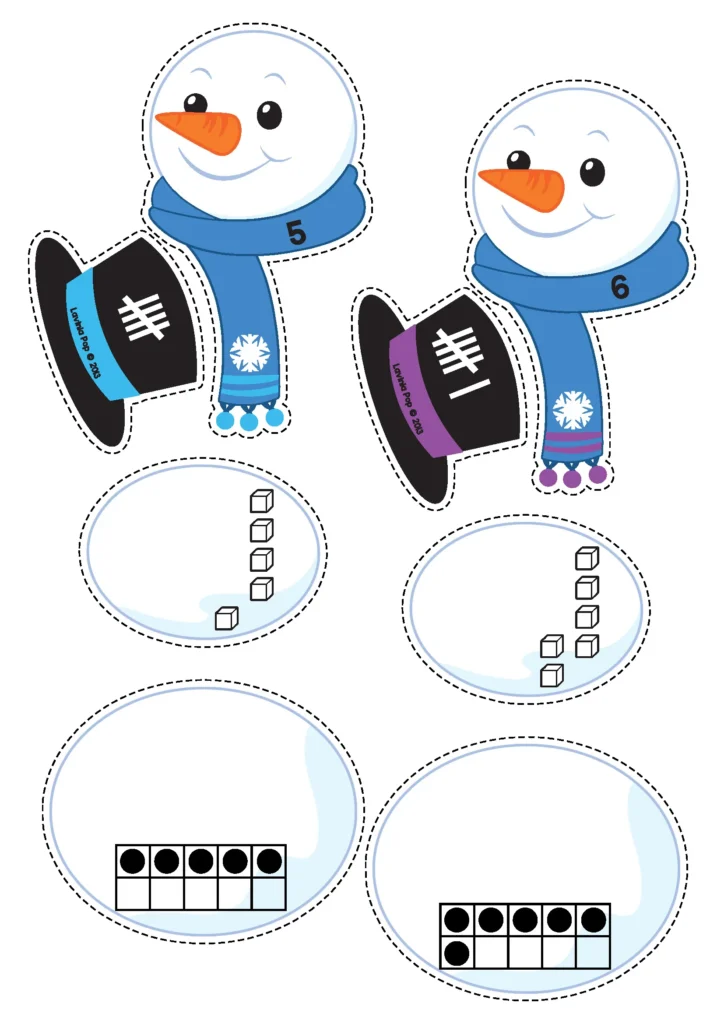 Winter Math Centers for Kindergarten | snowman number mats with ten frames, tally marks, and base ten blocks