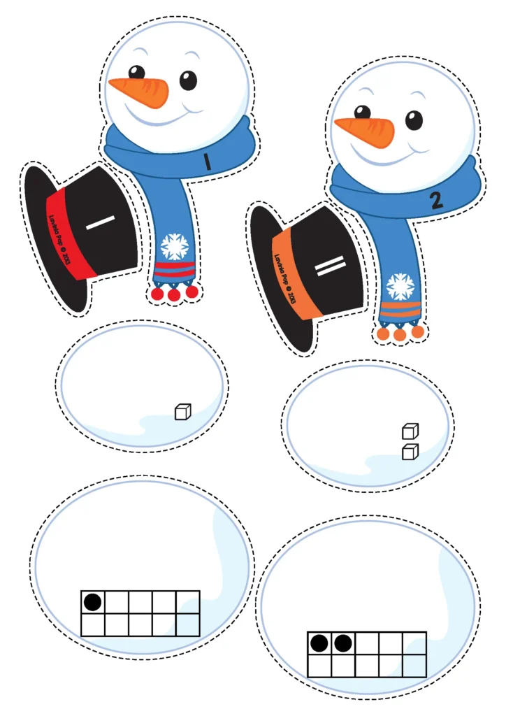 Winter Math Centers for Kindergarten | snowman number mats with ten frames, tally marks, and base ten blocks