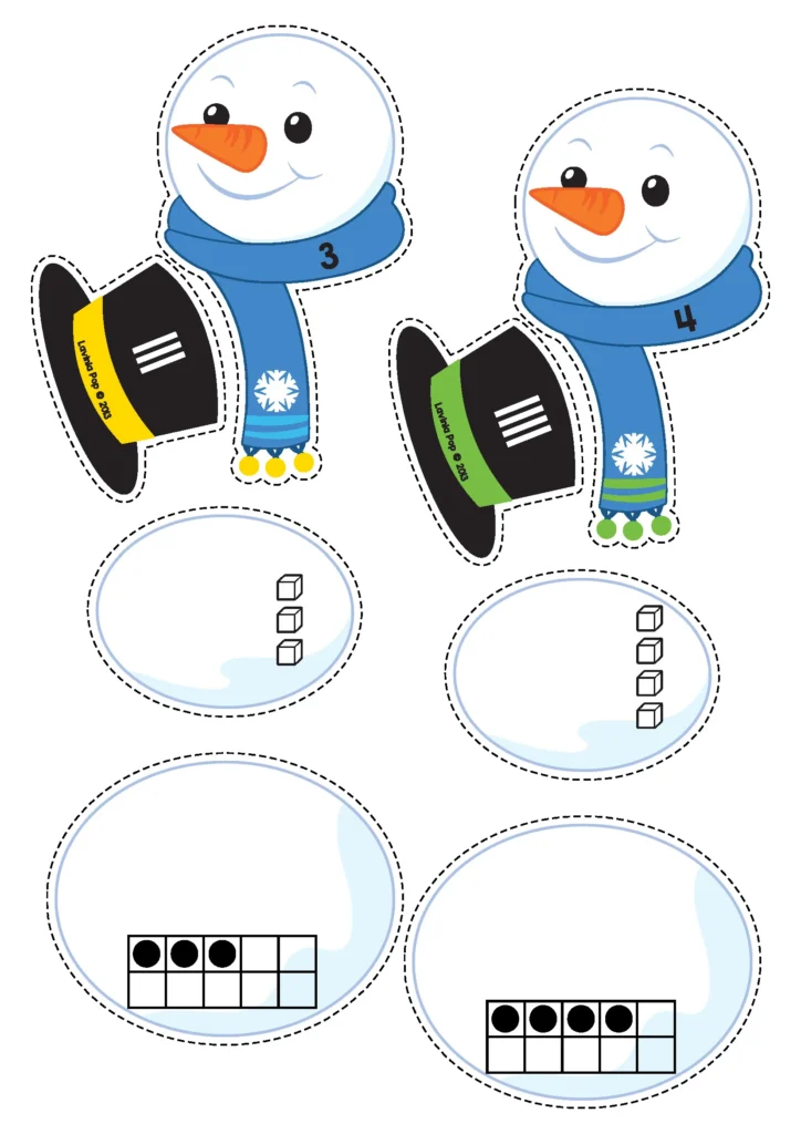 Winter Math Centers for Kindergarten | snowman number mats with ten frames, tally marks, and base ten blocks