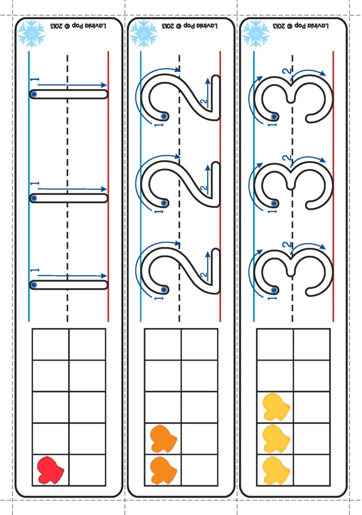 Winter Math Centers for Kindergarten number tracing strips for forming numbers one through three with guided direction arrows