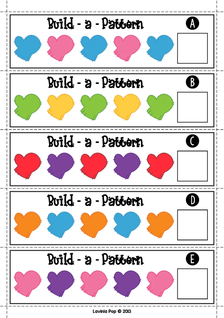 Winter Math Centers for Kindergarten build a pattern activity using color mitten sequences and pattern extension cards