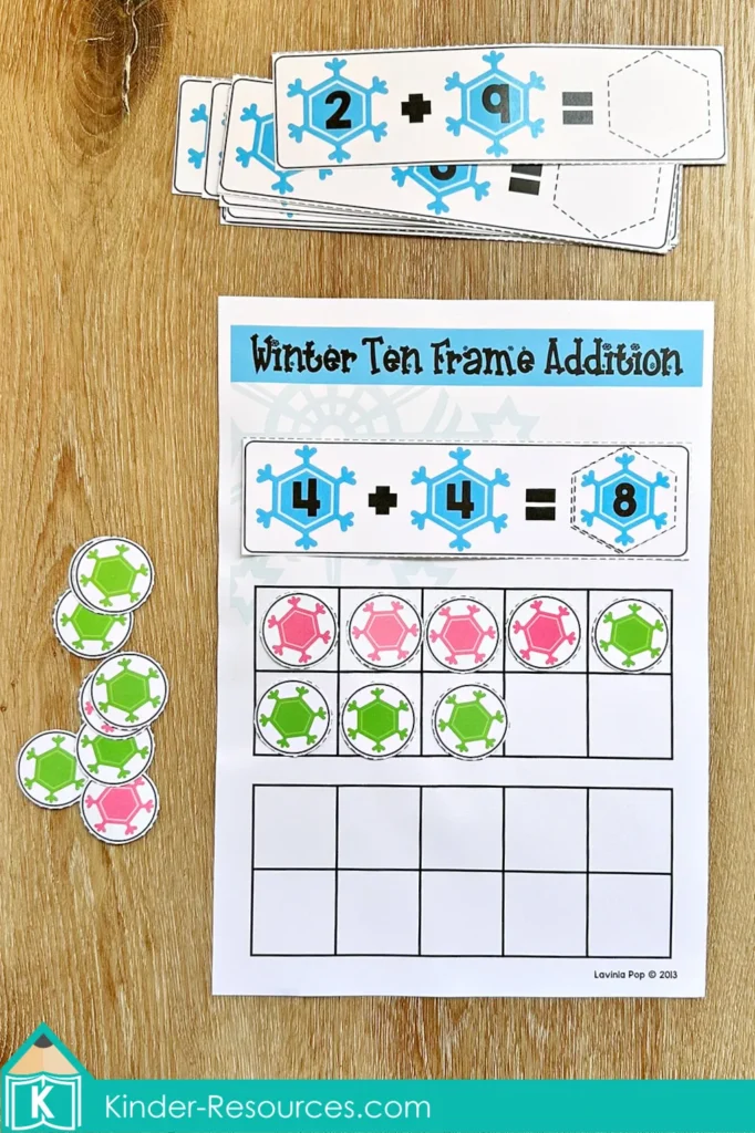 Winter Math Centers for Kindergarten ten frame addition cards using winter themed numbers