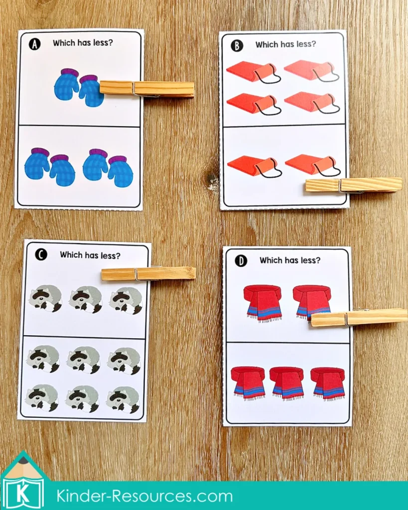 Winter Math Centers for Kindergarten which has less math activity using visual counting cards