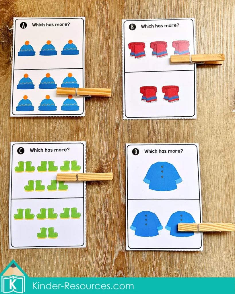 Winter Math Centers for Kindergarten counting comparison cards for identifying which group has more