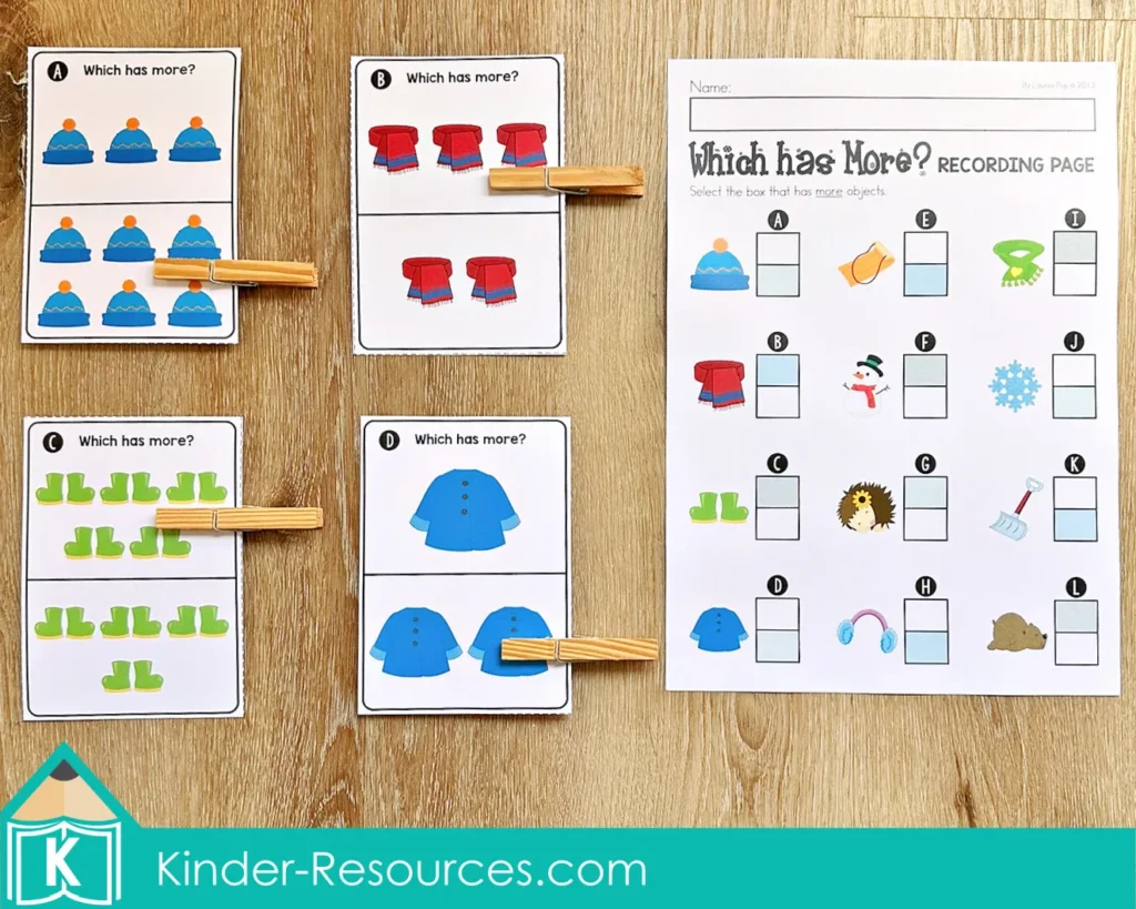 Winter Math Centers for Kindergarten which has more math center using clip cards with winter objects