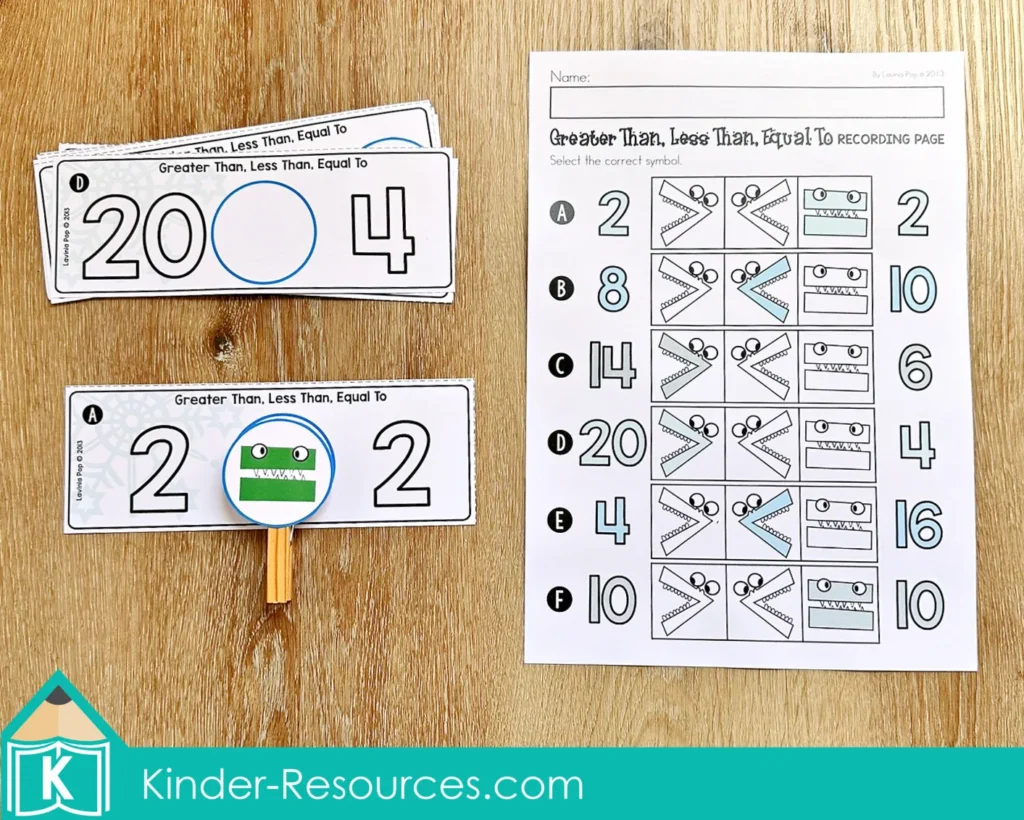 Winter Math Centers for Kindergarten number comparison recording page for greater than less than equal to practice