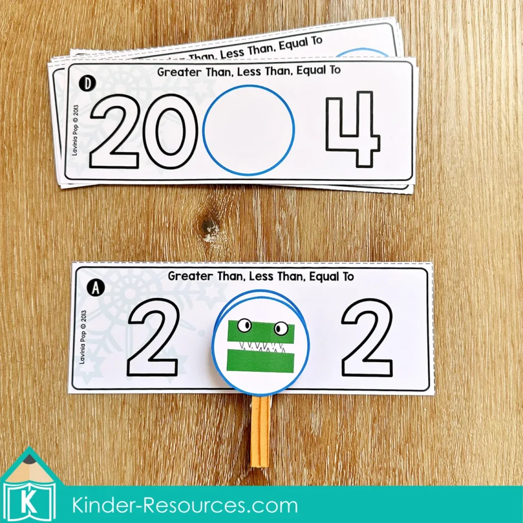 Winter Math Centers for Kindergarten greater than less than equal to number comparison cards using winter themed visuals