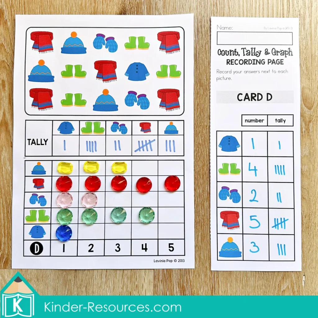 Winter Math Centers for Kindergarten count tally and graph activity with winter themed pictures