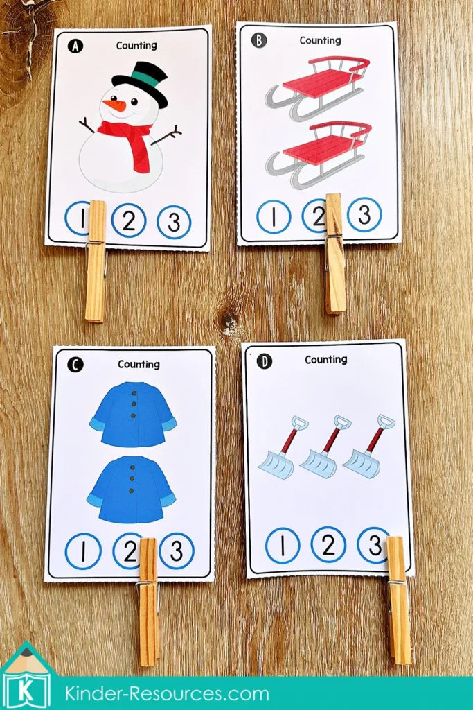 Winter Math Centers for Kindergarten count and clip math center with winter objects
