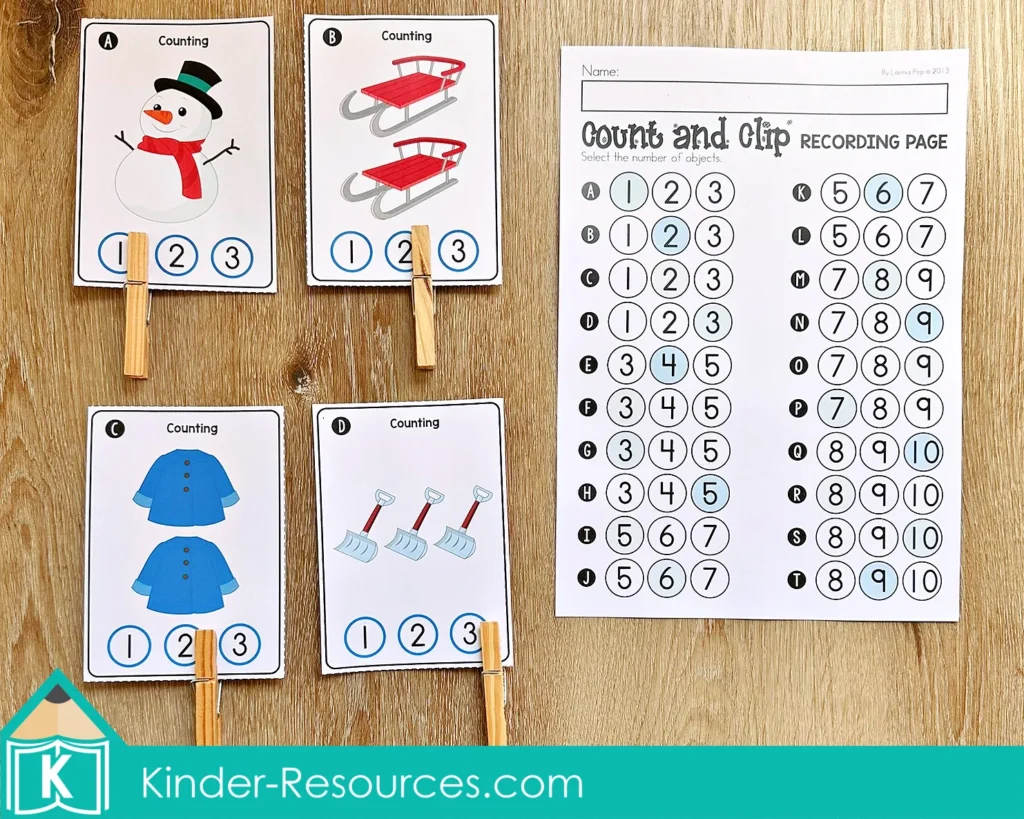 Winter Math Centers for Kindergarten count and clip recording page for number selection