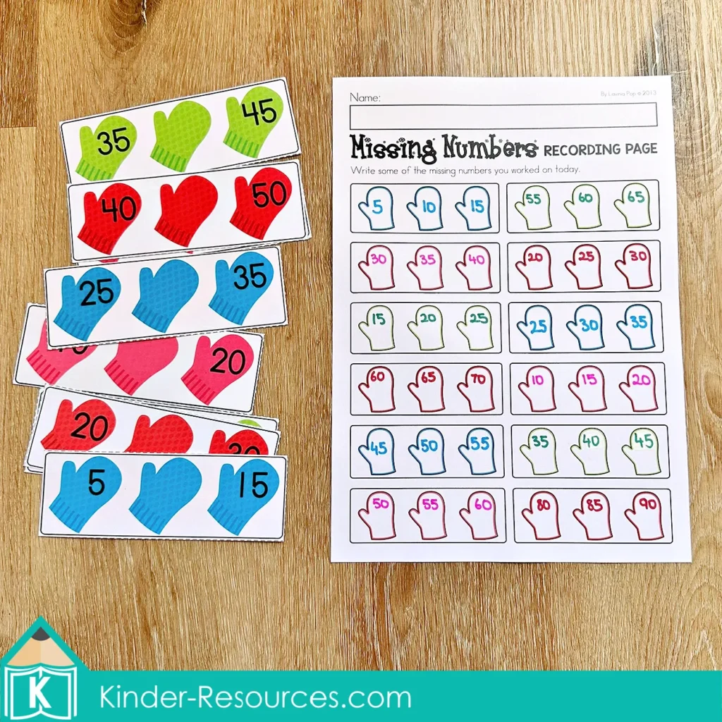 Winter Math Centers for Kindergarten missing numbers recording page for number order practice