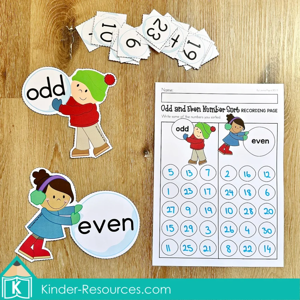 Winter Math Centers for Kindergarten odd and even number sort recording page