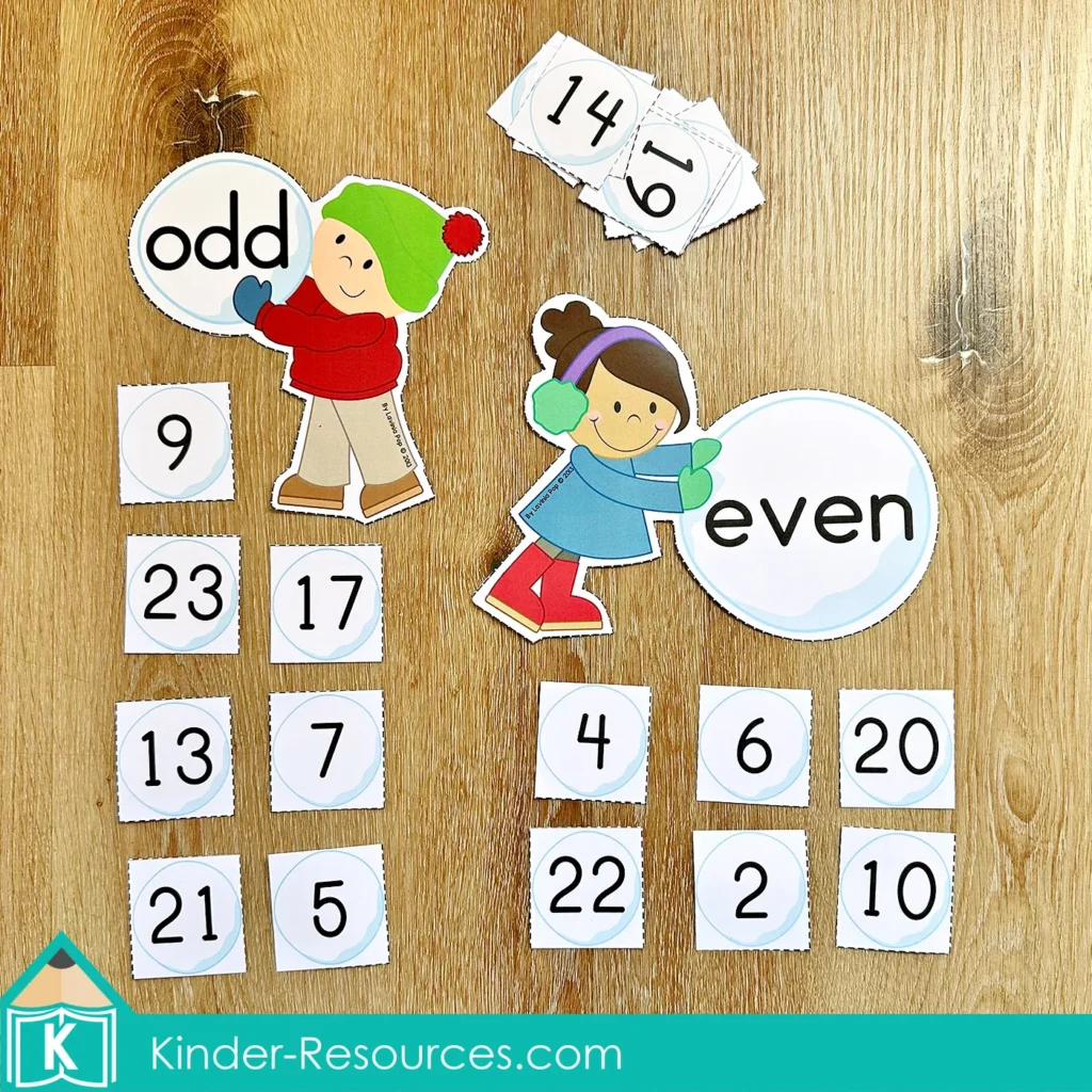 Winter Math Centers for Kindergarten odd and even number sorting activity with number cards