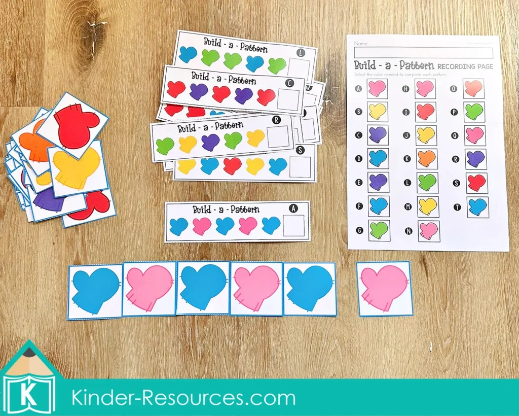 Winter Math Centers for Kindergarten pattern recording page for identifying and completing patterns