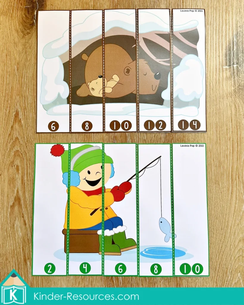 Winter Math Centers for Kindergarten skip counting by 2s recording page with winter themed pictures