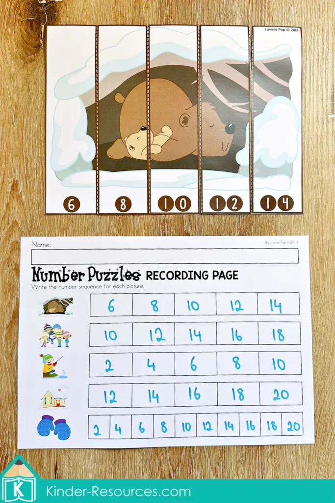 Winter Math Centers for Kindergarten skip counting by 2s puzzle activity with number order strips