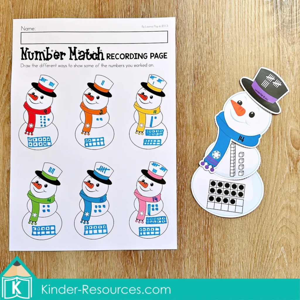 Winter Math Centers for Kindergarten number match recording page for showing multiple number representations