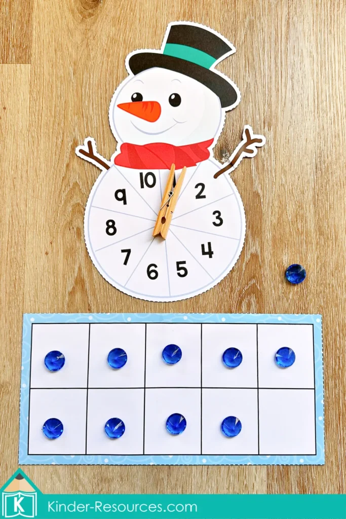 Winter Math Centers for Kindergarten subtraction from 10 math center using ten frames and spinner