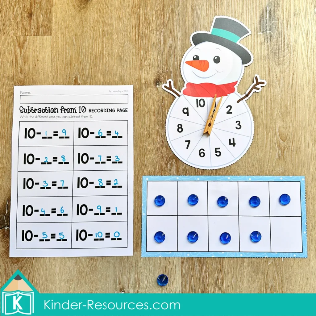 Winter Math Centers for Kindergarten subtraction from 10 math center using ten frames and spinner