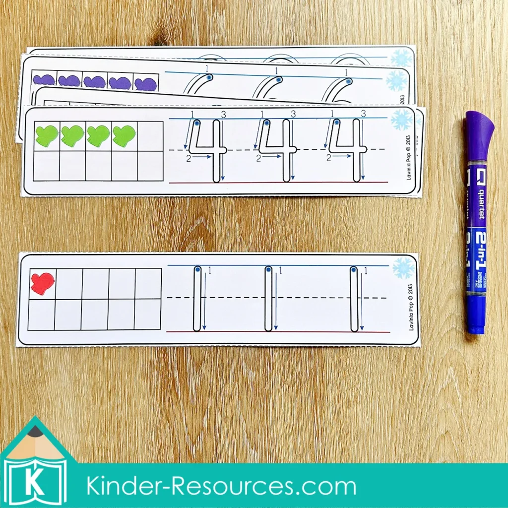 Winter Math Centers for Kindergarten write and wipe number formation strips for practicing correct number writing