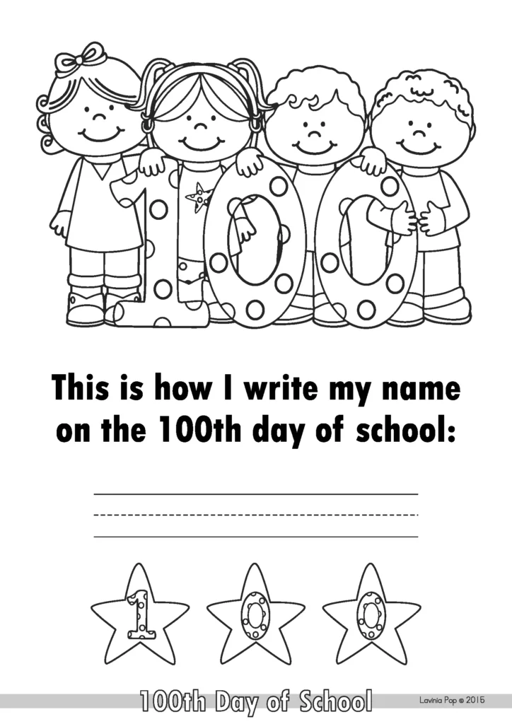 100th Day of School Worksheets and Activities name writing page for the 100th day of school with tracing lines