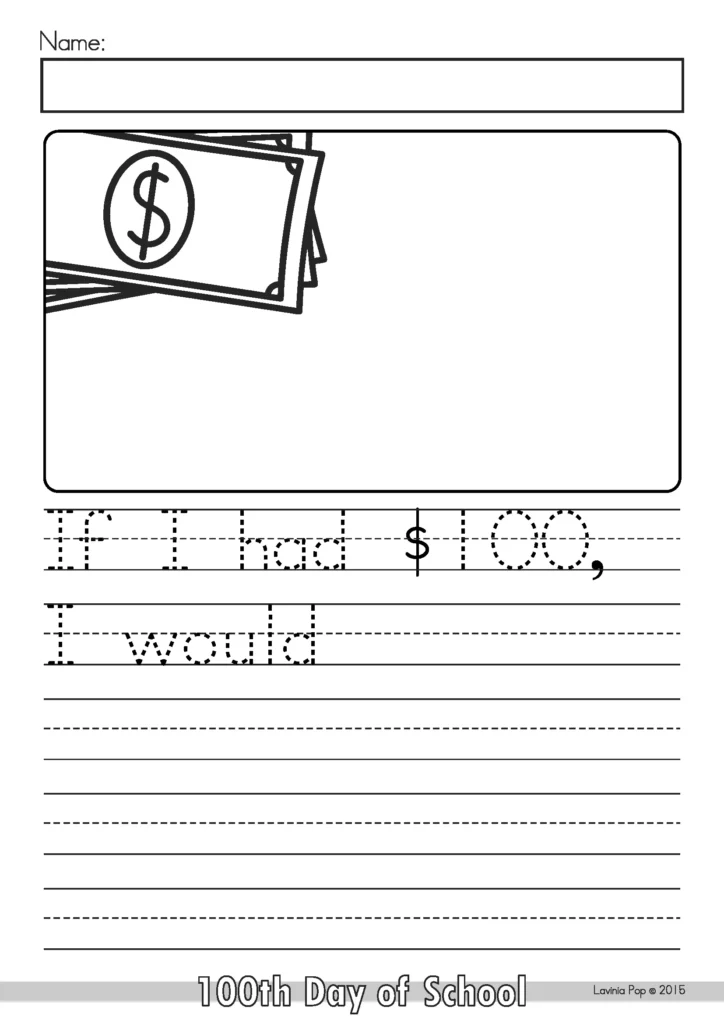 100th Day of School Worksheets and Activities writing page with If I had 100 dollars sentence and drawing space