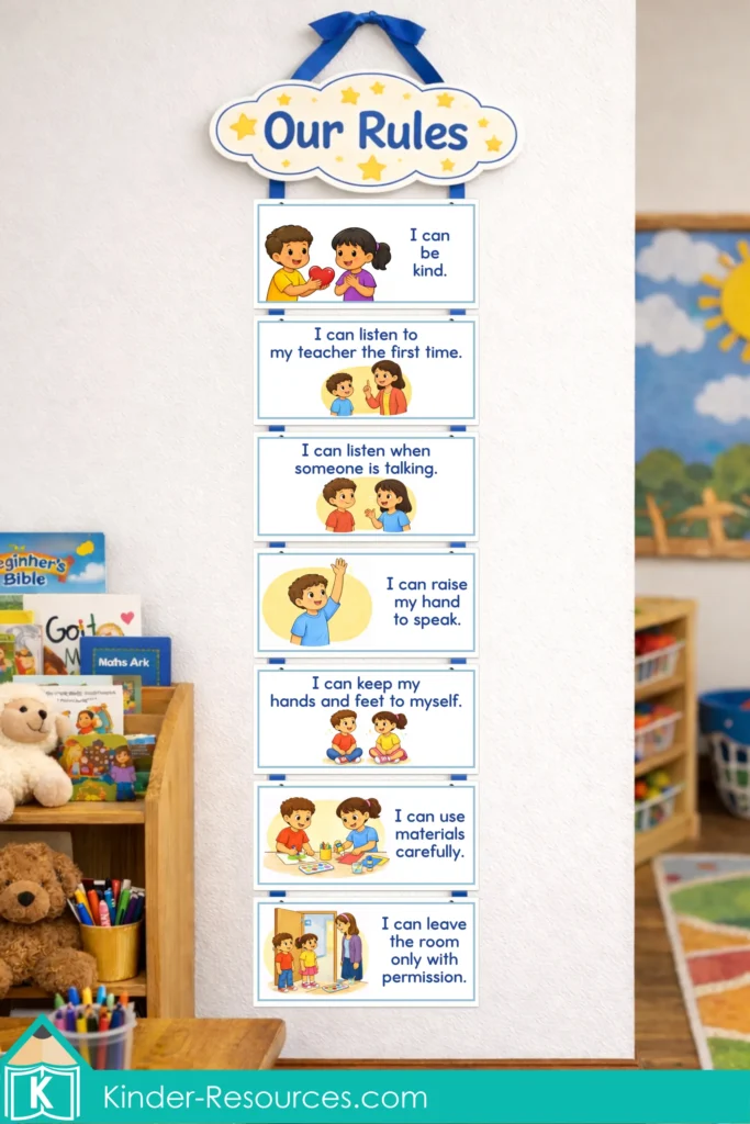 Preschool Bible Lesson Classroom Rules Management Our Rules Cards displayed on a wall