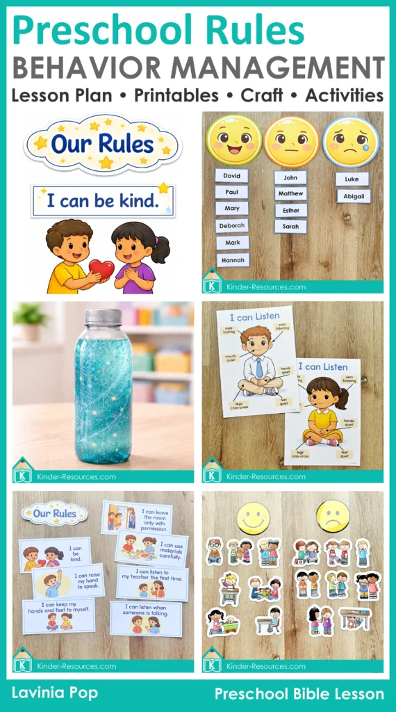 Preschool Bible Lesson Classroom Rules Management lesson plan with rules cards, whole body listening posters, calm bottle, behavior chart, and choice sorting activities for preschool and Sunday School