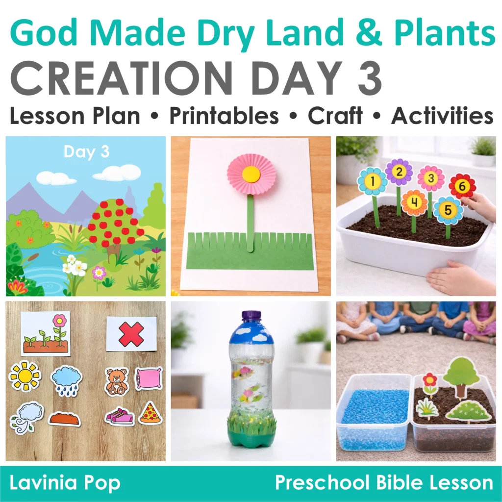 Preschool Bible Lesson Creation Day 3 cover with dry land, plants, craft, sensory bottle, and hands on activities