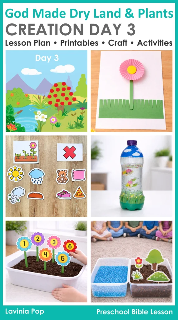 Preschool Bible Lesson Creation Day 3 cover with dry land, plants, craft, sensory bottle, and hands on activities