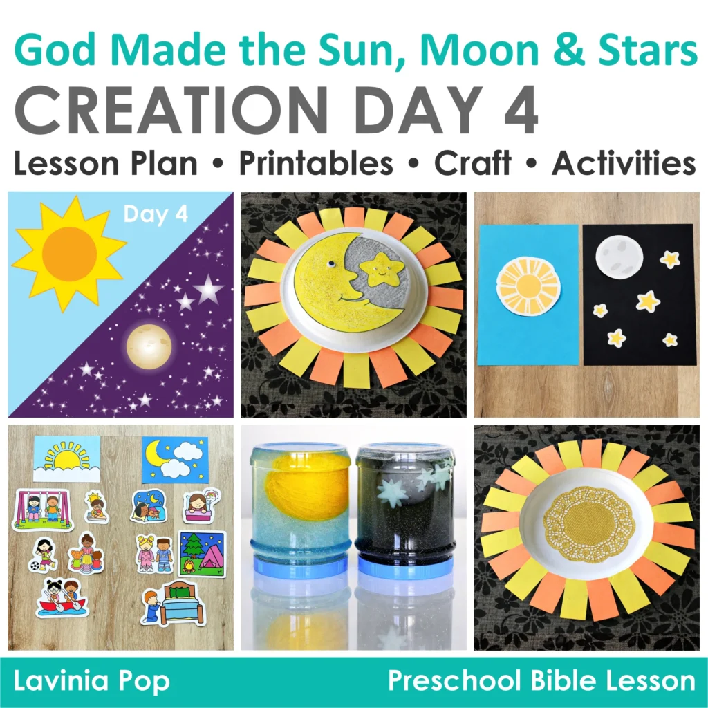 Preschool Bible Lesson God Made the Sun Moon and Stars Creation Day 4 activities including visuals crafts sensory bottles and sorting