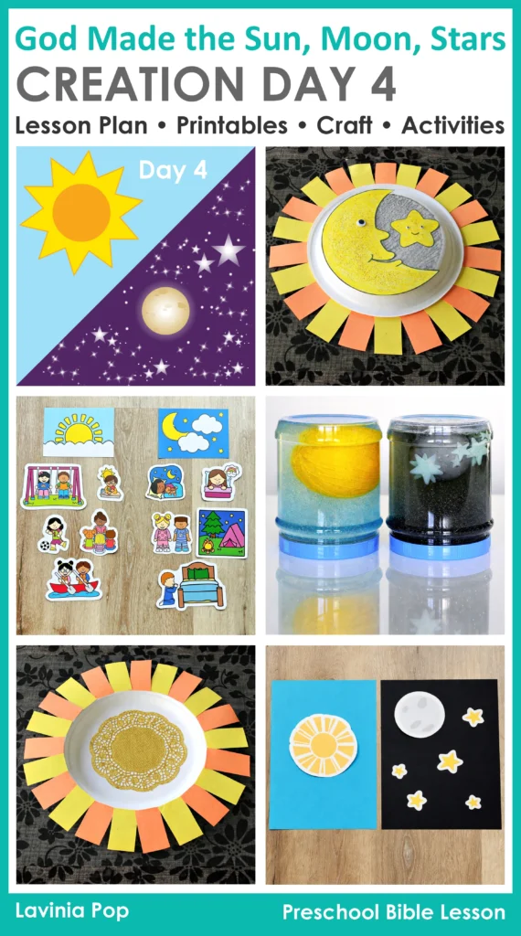 Preschool Bible Lesson God Made the Sun Moon and Stars Creation Day 4 lesson plan with printables crafts visuals and hands on activities