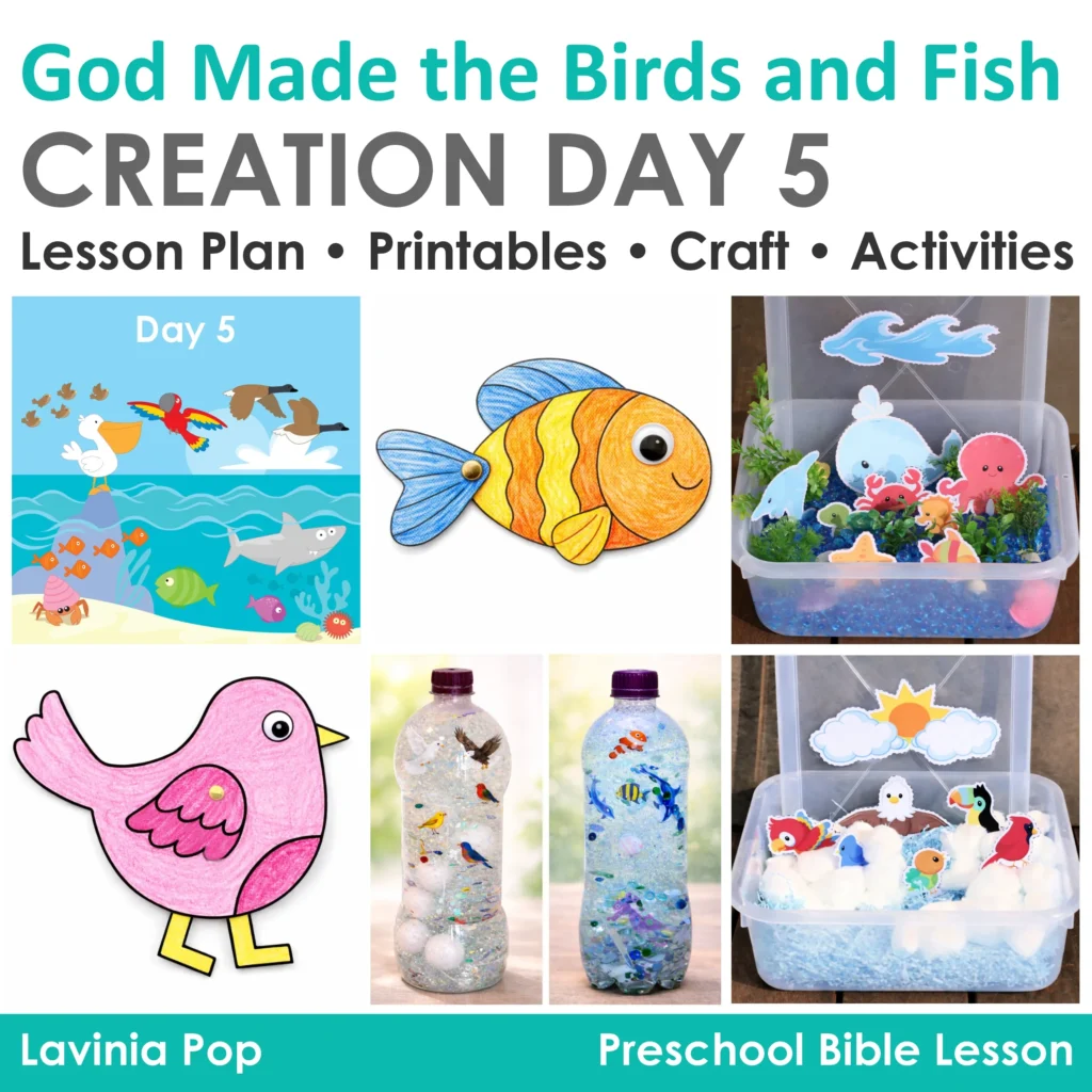 God Made the Birds and Fish Creation Day 5 preschool Bible lesson with craft sensory bottles and activities