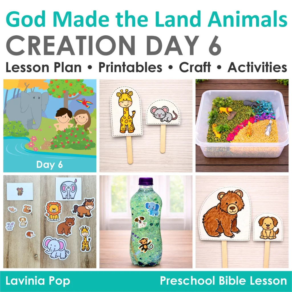 Creation Day 6 preschool Bible lesson God Made the Land Animals with sensory bottle sorting activity and big and small animal craft