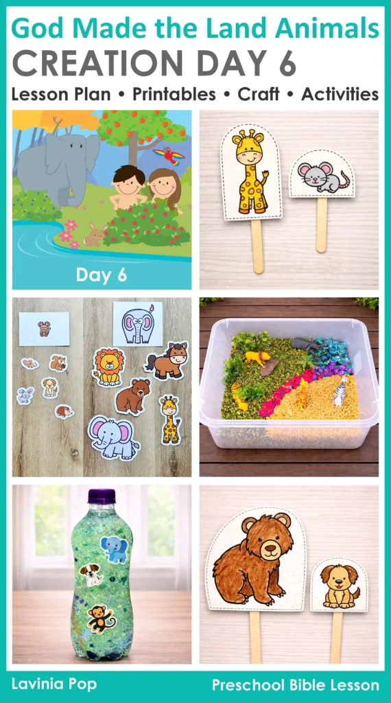 God Made the Land Animals Creation Day 6 preschool Bible lesson with sensory activities sorting and land animal crafts