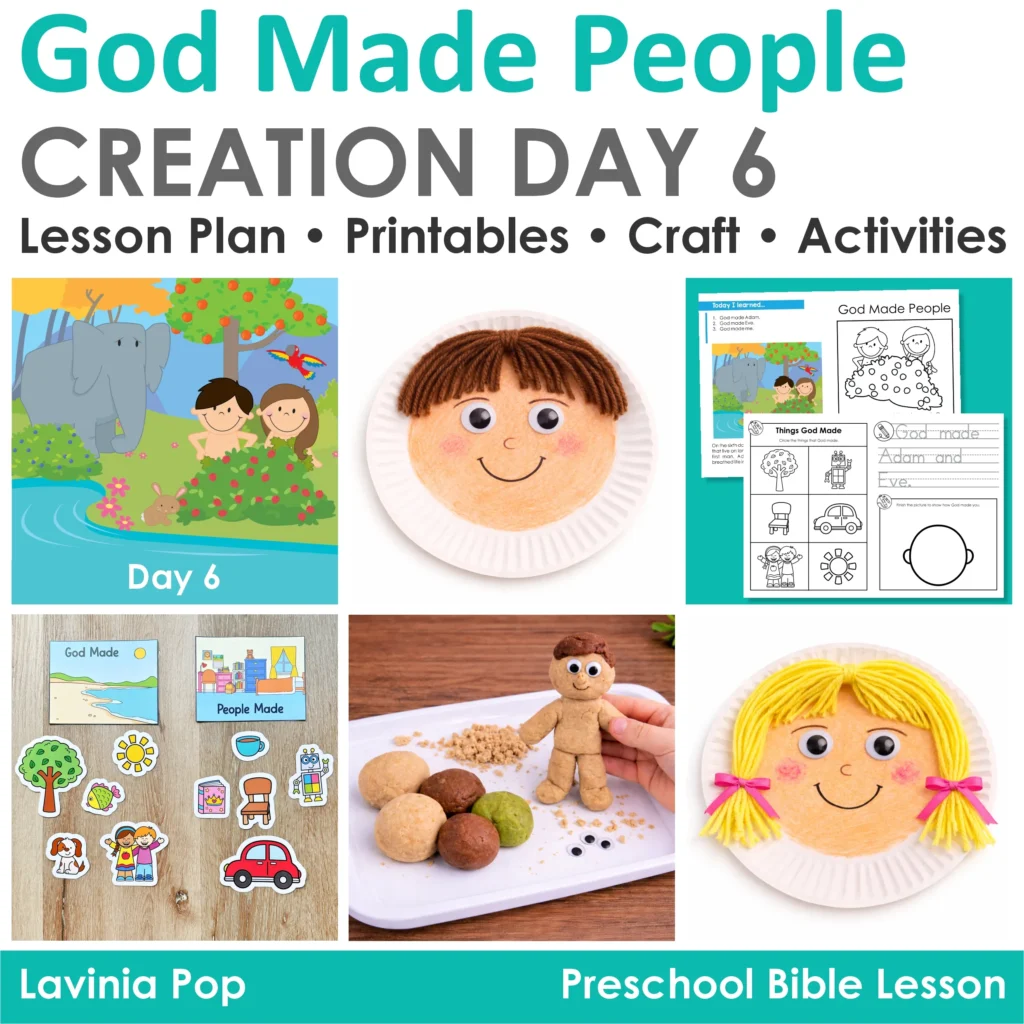 God Made People Creation Day 6 preschool Bible lesson activities including Creation story illustration, play dough Adam activity, God made and people made sorting, and paper plate self portrait craft