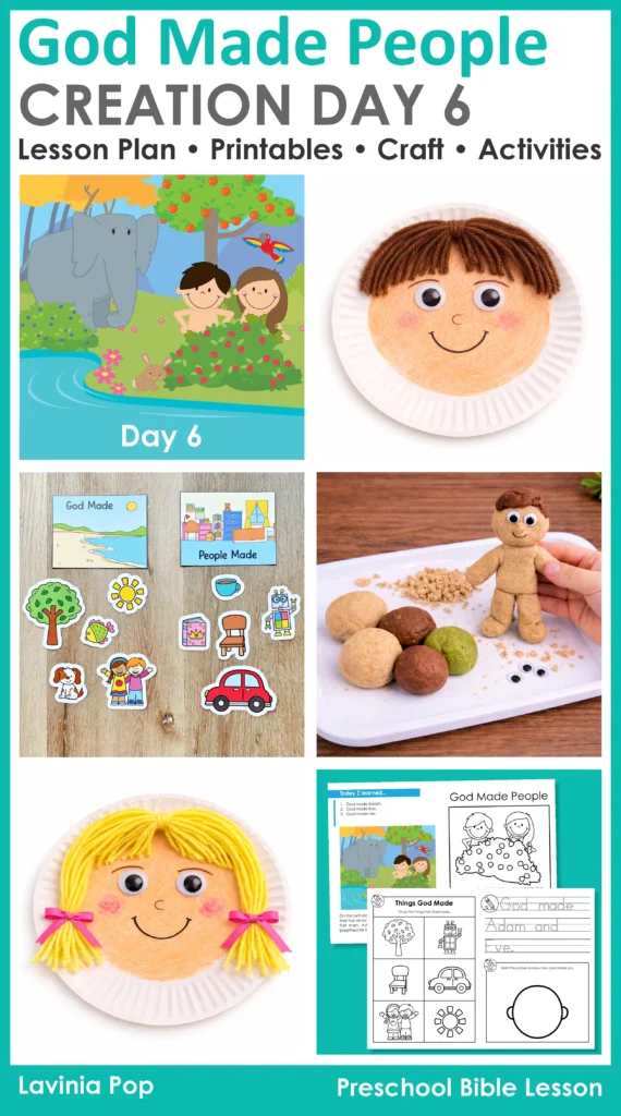 God Made People Creation Day 6 preschool Bible lesson printables and craft with Creation Day 6 story page, sorting activity, play dough Adam figure, and God made me paper plate craft