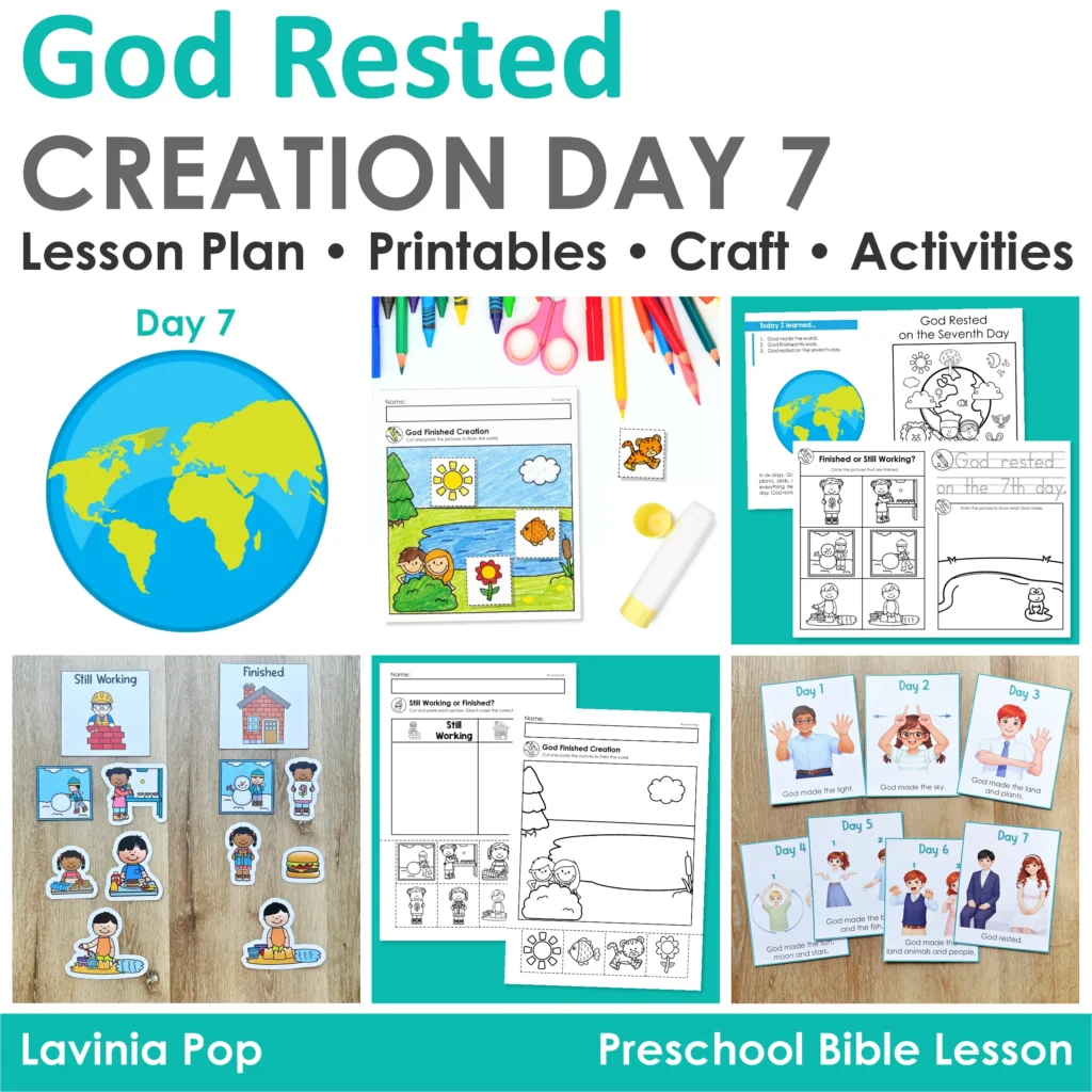 Creation Day 7 Preschool Bible Lesson God Rested lesson plan with printables, craft activities, sorting pages, and visual supports for preschool
