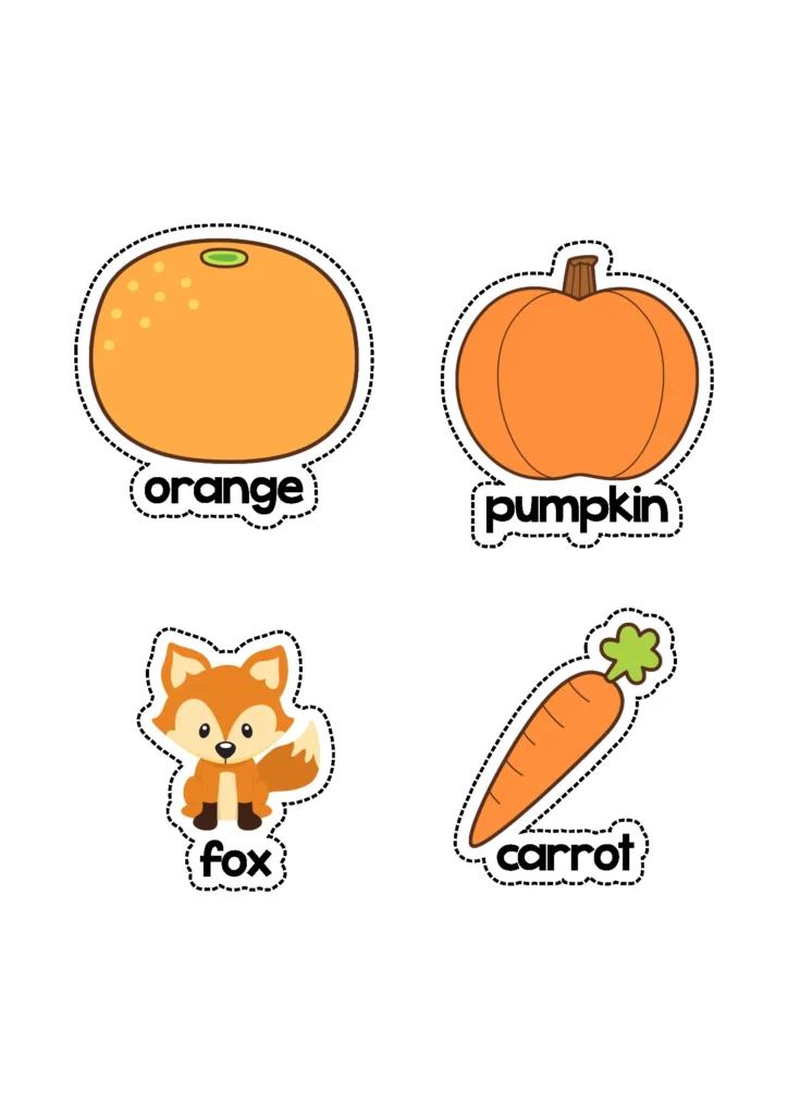 Back to School Centers for Preschool orange color matching activity with picture cards for sorting by color