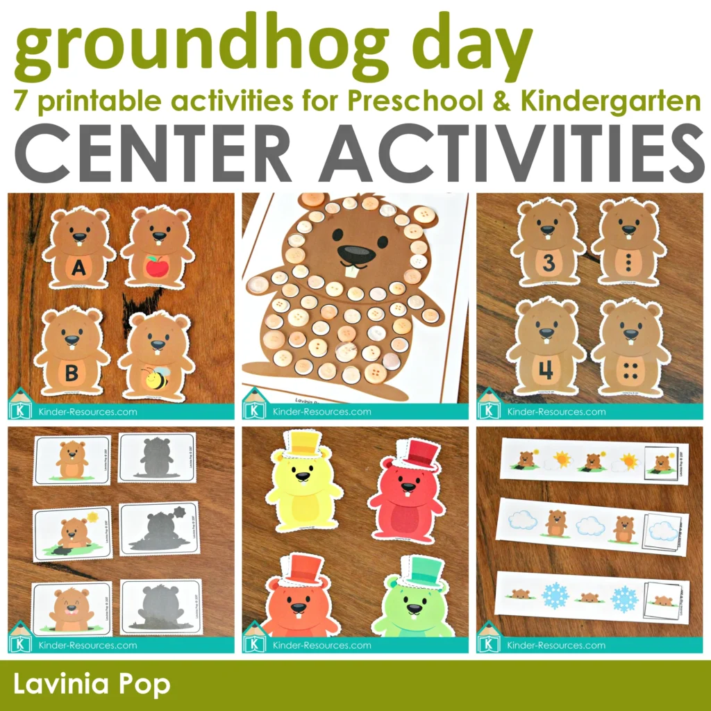 Groundhog Day Centers for Preschool with fine motor mat, beginning sounds matching, number matching, shape matching, shadow matching, and AB pattern activities