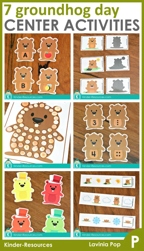 Groundhog Day Centers for Preschool featuring hands on math, literacy, fine motor, patterns, numbers 1–10, shapes, colors, and visual discrimination activities