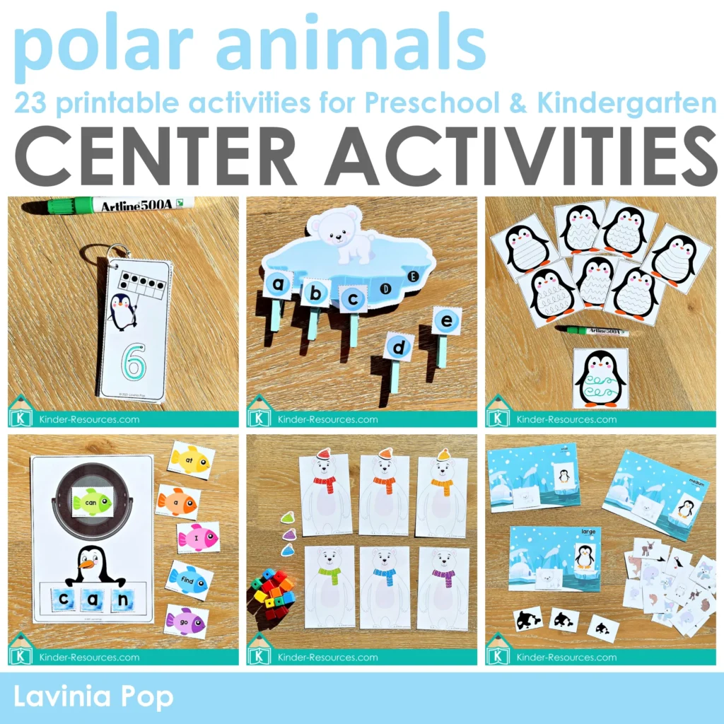 Polar Animals Preschool Centers with early math and literacy activities including counting, number tracing, alphabet practice, sequencing, patterns, and sorting tasks