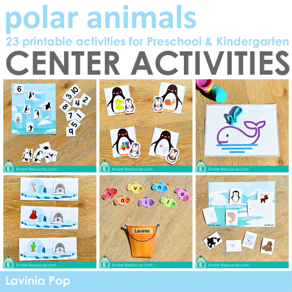 Polar Animals Preschool Centers with hands on literacy and fine motor activities including play dough mats, letter tracing, word building, sorting, and name practice