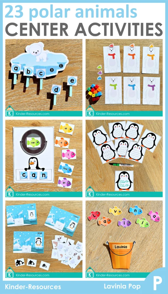 Polar Animals Preschool Centers with fine motor, literacy, and math activities including name building, letter matching, word building, color matching, and early number practice