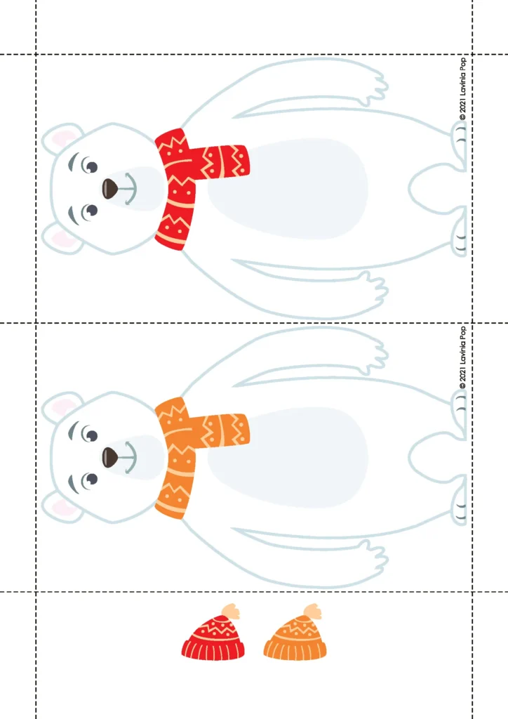 Polar Animals Preschool Centers color matching activity with polar bears wearing different colored scarves and hats