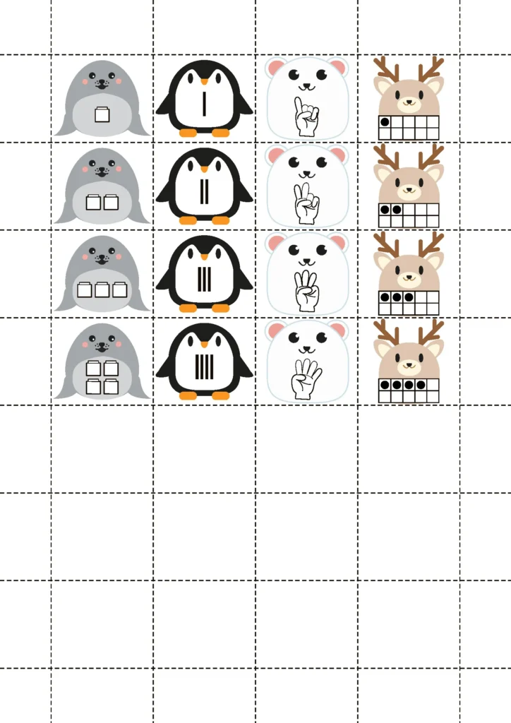 Polar Animals Preschool Centers number sense activity using ten frames tally marks fingers and counting visuals
